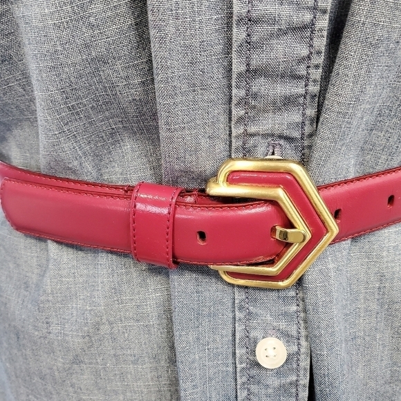 VINTAGE LIZ CLAIBORNE ACCESSORIES PINK LEATHER BELT BRASS LEATHER BUCKLE WOMEN - Picture 2 of 14